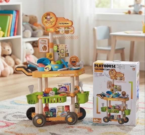 Kitchen play cart playset with 69 pieces