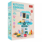 Cyan 50-piece kitchen playset with cookware, tableware, vegetables, fruit and plates