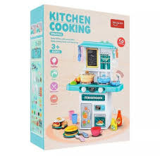 Cyan 50-piece kitchen playset with cookware, tableware, vegetables, fruit and plates