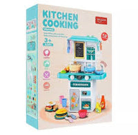 Cyan 50-piece kitchen playset with cookware, tableware, vegetables, fruit and plates
