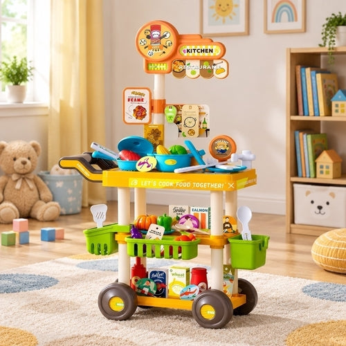 Wheeled kitchen play trolley with multiple shelves