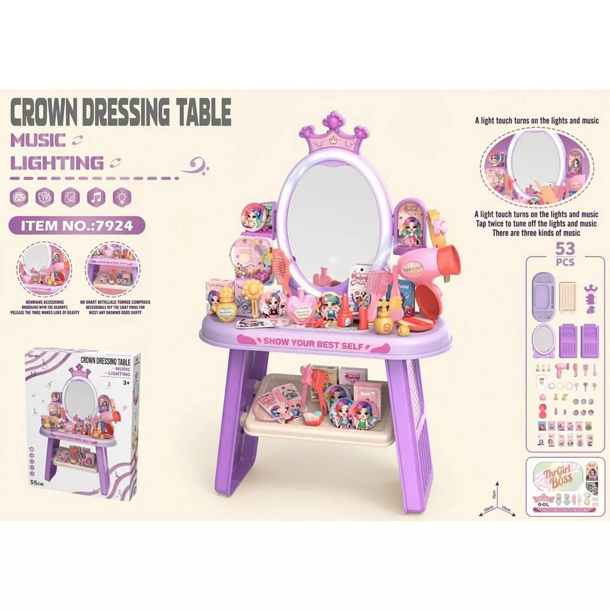 Crown Dressing Table Role-Play Set, 53 Pieces, Purple