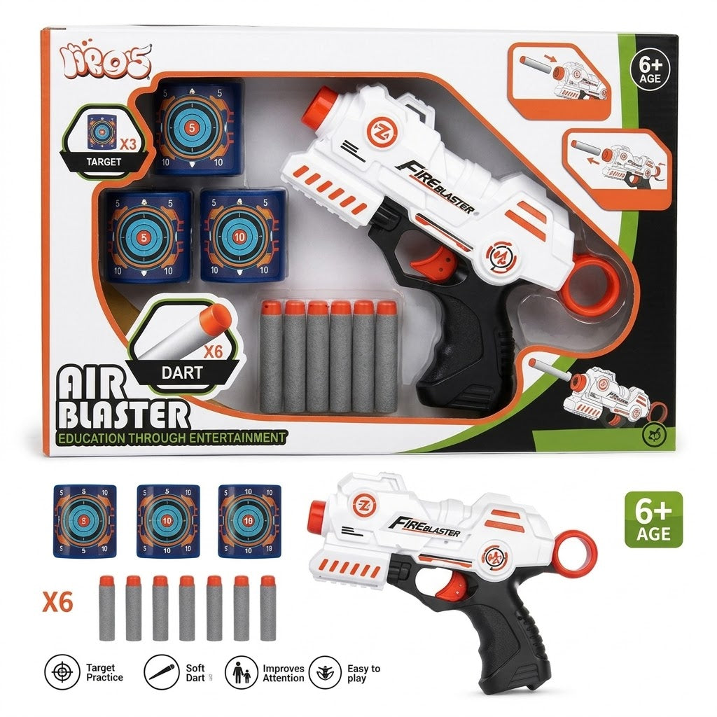 Plastic foam dart toy blaster with three targets and six soft darts