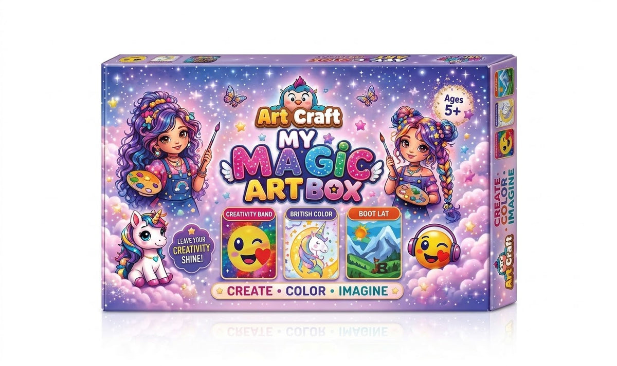 My Magic Art Box kids arts and crafts kit with emoji mosaic, unicorn canvas and wood art