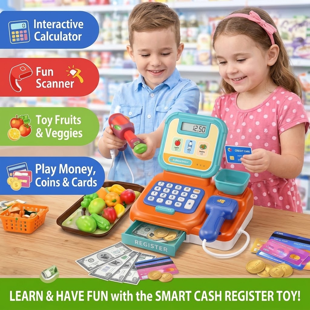 Cash register set with play money, coins, cards, and toy groceries