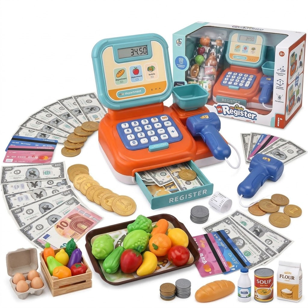 Toy cash register pretend-play set with hand scanner