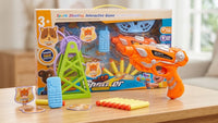 Foam dart blaster set with rotating target tower and animal-illustration targets