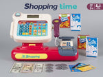 Cash register playset with cash drawer and paper menu dispenser