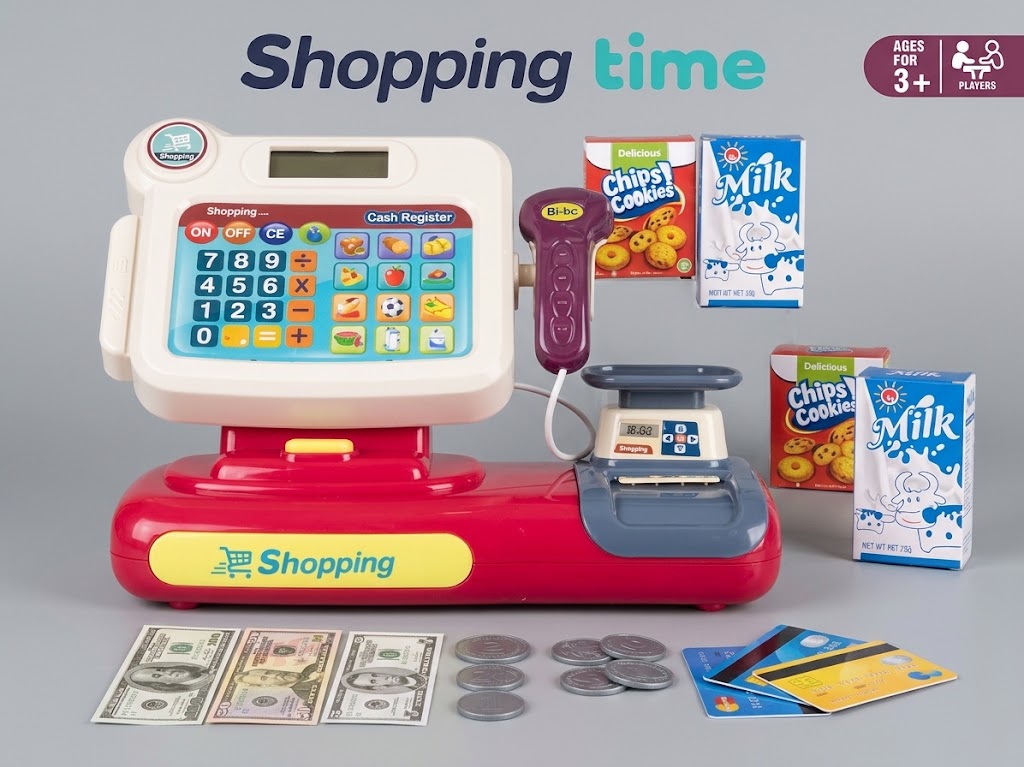 Cash register playset with cash drawer and paper menu dispenser