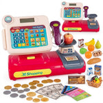 Kids’ cash register pretend play set with scanning gun, play food, and play money