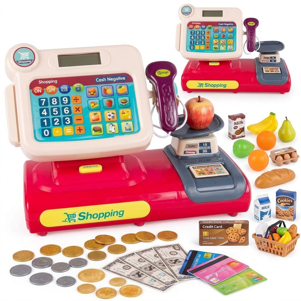 Kids’ cash register pretend play set with scanning gun, play food, and play money
