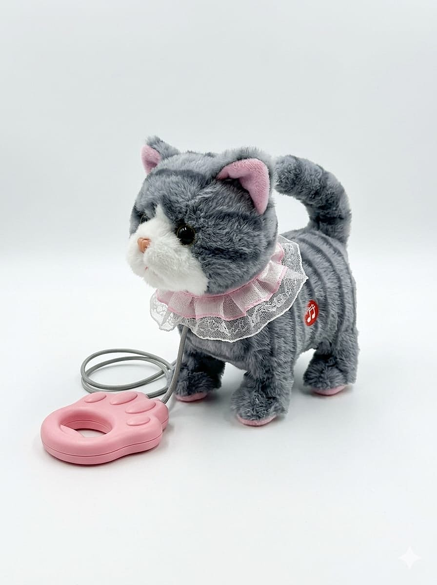 Plush Grey Cat with Leash