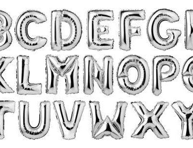 English alphabet from silver balloons isolated on white background بالونات حروف اللون الفضي